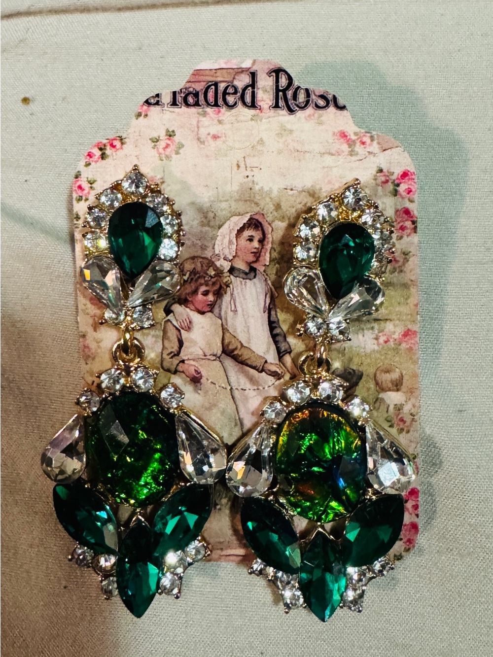 Gold-Tone Emerald Crystal Statement Drop Earrings